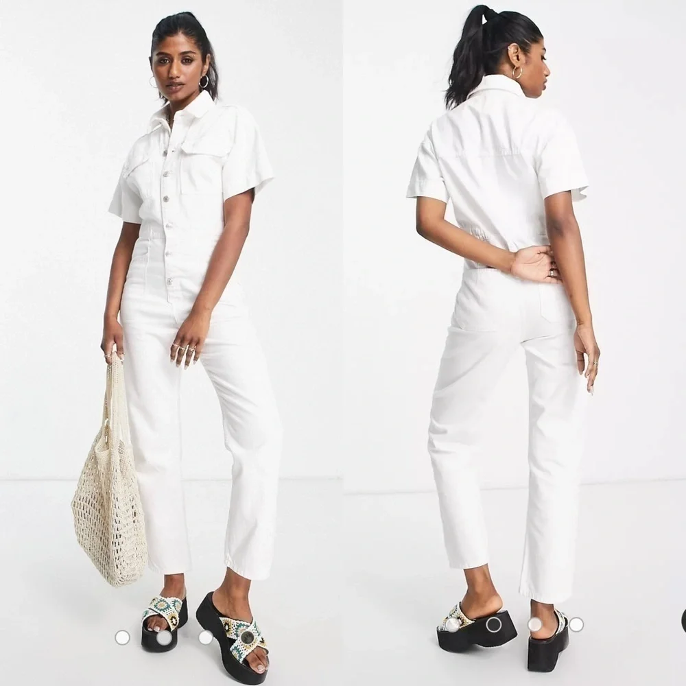 FREE People Marci button through denim jumpsuit in white size XS - Picture 1 of 17
